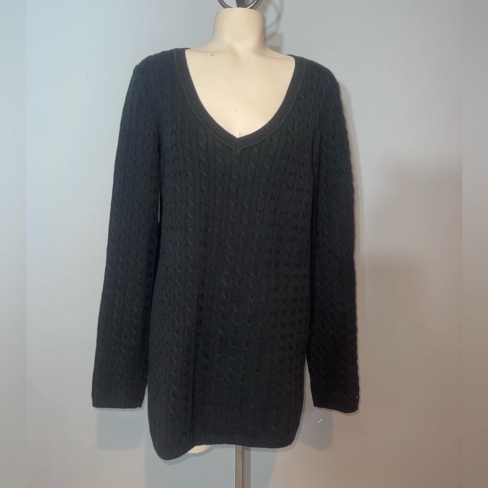 Tommy Hilfiger black v-neck cable knot long sleeve sweater top shirt woman’s XL